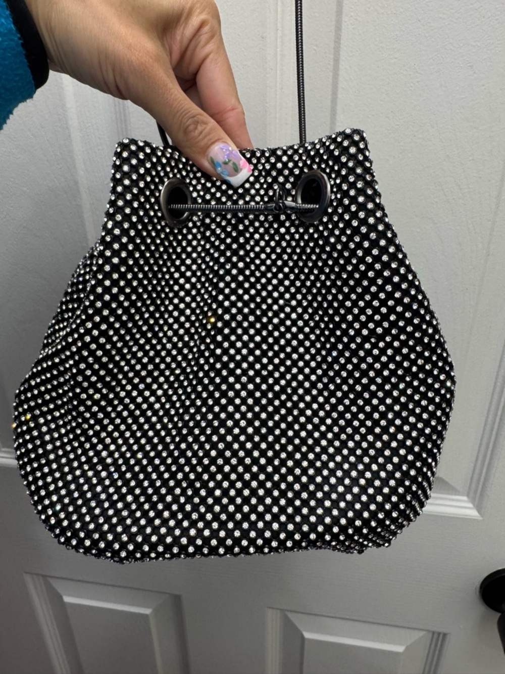 Black Rhinestone Drawstring Bucket Bag